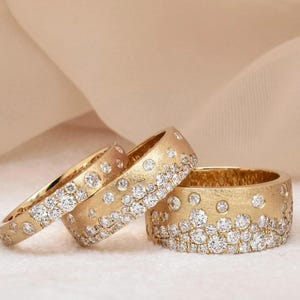 Round Cut Simulated Diamond Wedding Band, Scattered Diamond Stunning Cigar Band, Satin Finish Band, Flush Set Diamond Half Eternity Band