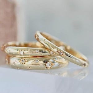 Vintage Starburst Wedding Band For Her CZ Diamond Band Gift His Her Wedding Ring Alternative Wedding Band Celestial Matching Ring