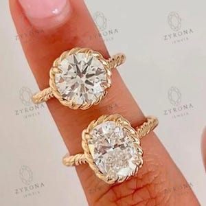 Elegante anillo de diamantes de circonita cúbica de talla cojín alargada de 3,0 quilates, solitario de diamantes redondos engastados en bisel estilo cuerda, anillo de bodas de oro amarillo para ella.