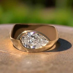 2 CT Horizontal Pear Cut Colorless Moissanite Diamond Ring, Flush Set knife Edge Wide Band Ring, 925 Silver Chunky Ring, Pinky Wedding Ring