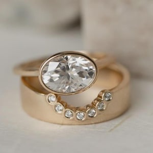 Wide Cigar Contour Band, Horizontal 2.50 CT Oval Cut CZ Diamond Bridal Ring Set, 925 Sterling Silver Engagement Ring, Bezel Setting Ring