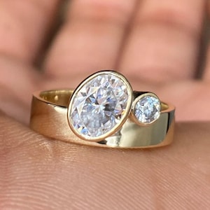 Wide Band Oval and Round Cut Engagement Ring for Women, Bezel Set Wedding Ring, Unique Thick Band Solitaire Ring, 925 Sterling Silver Ring