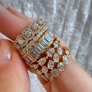 Yellow Gold Eternity Wedding Band, Round and Pear Cut Moissanite Diamond Band, Half Bezel Set Emerald Cut Band, Bezel Set Oval Cut CZ Band