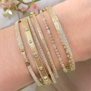 Flush Set Diamond Round Cut Moissanite Bangle, Marquise & Round Cut Diamond Bracelet, Flush Bezel Set Baguette Diamond Satin Finish Bangle