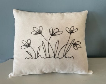 Line Art Floral Pillow Hand Stitched on Cotton