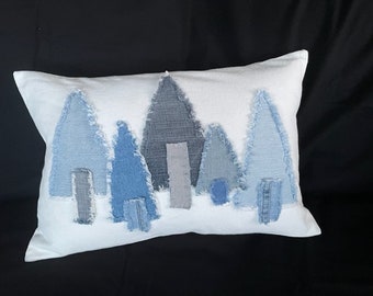 Farmhouse Shabby Denim Trees on White Handmade