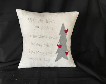 Linen embroidered Red Bird Pillow Handmade