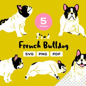 Handgezeichnete Französische Bulldogge Clipart - [Pied] Frenchie - 5 süsse Posen | SVG PNG PDF | Hunde Illustration für Sticker & zum Basteln