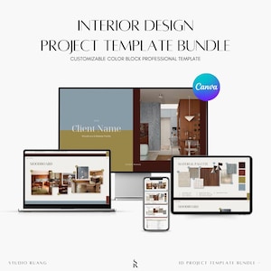 May include: An interior design project template bundle featuring a computer monitor, a laptop, a tablet, and a smartphone displaying mood boards and material palettes with color block layouts. The text reads INTERIOR DESIGN PROJECT TEMPLATE BUNDLE.