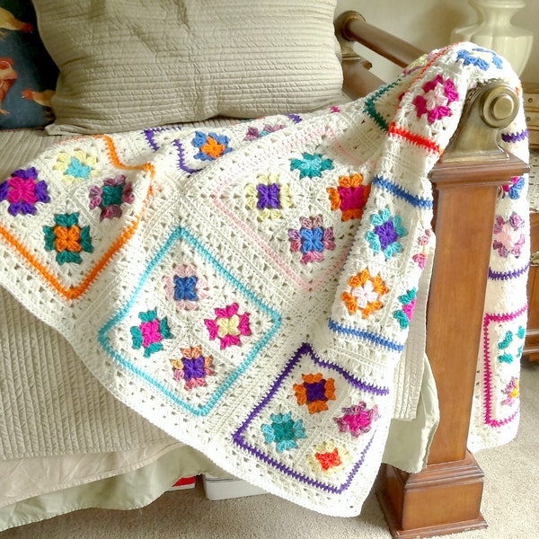 Granny Square Afghan Crochet Blanket Throw Bright Multi Color White Trim