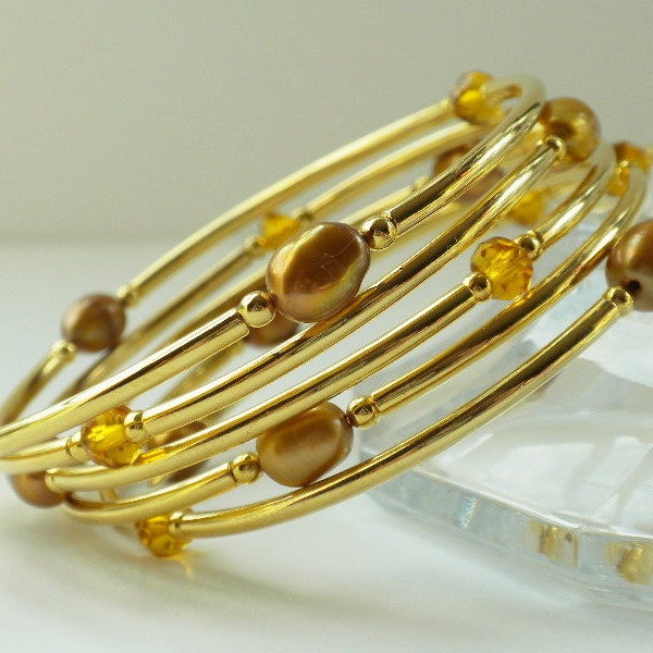 Pearl Wrap Bracelet with Memory Wire Golden Freshwater Pearls and Amber Glass