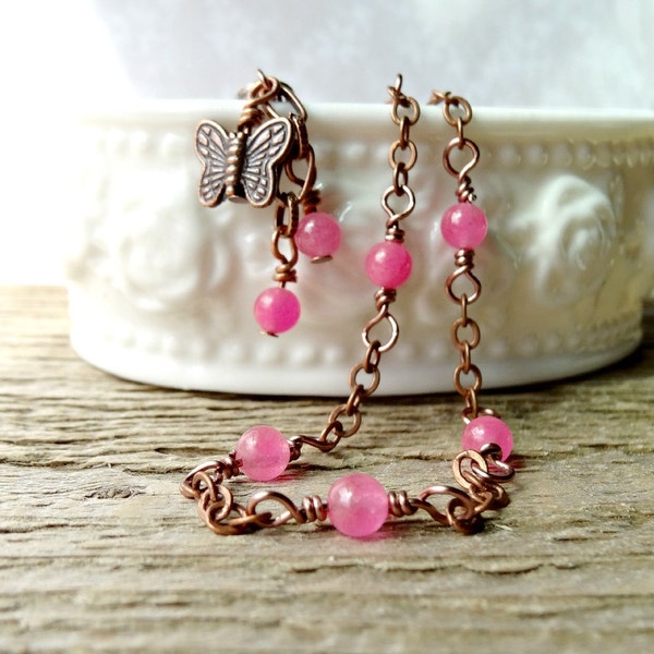 Pink Gemstone Anklet, Copper Butterfly Charm Anklet, Pink Agate, Feminine Spring Ankle Bracelet