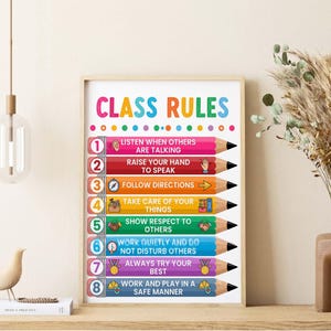 Op de afbeelding: Een rechthoekige wandposter met de titel CLASS RULES, voorzien van acht horizontale potloodvormige afbeeldingen in diverse kleuren. Elk potlood is genummerd van één tot acht en bevat specifieke instructies voor in de klas.