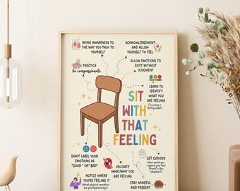 May include: A framed poster featuring a brown chair illustration centered with the text SIT WITH THAT FEELING. Surrounding the chair are small icons and instructional text about emotional awareness, mindfulness, and self-compassion practices.