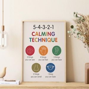 May include: A framed wall art print titled 5-4-3-2-1 Calming Technique. The poster features colorful icons representing the five senses: an eye for sight, a hand for touch, an ear for hearing, a nose for smell, and a mouth for taste, with text.