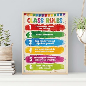 Puede incluir: Un póster rectangular titulado CLASS RULES en letras multicolores con una pancarta en la parte superior. Presenta seis puntos numerados sobre trazos de pincel estilo acuarela en rojo, verde, azul, amarillo, rosa y verde lima con normas.