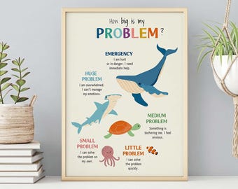 Poster med "Hur stort är mitt problem", känslomässig skala för havsdjur, oramat SEL-konsttryck, storlekstabell för problem, väggskylt för specialpedagogik i klassrummet