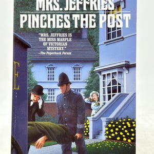 May include: A book cover for "Mrs. Jeffries Pinches the Post" by Emily Brightwell. The cover features a Victorian mystery scene with a policeman, a man in a bowler hat, and a woman on a porch. The title and author's name are prominently displayed.