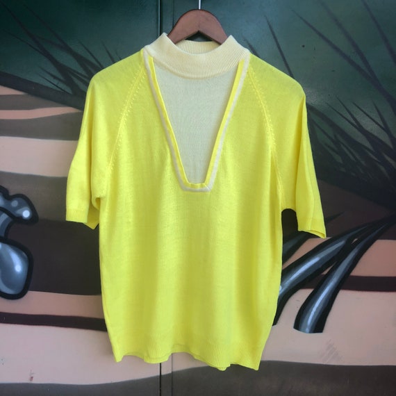 Vintage mod knit mock neck sweater neon yellow flu
