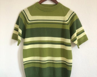 Vintage olive green striped sweater shirt sleeve Towncraft knit shirt mock neck wide stripe Kurt Cobain sweater 60s mod 1960s unisex S M