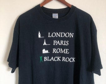 Burning Man T-shirt vintage Y2K black graphic tee funny with cities London Paris Rome Black Rock tshirt XL unisex festival shirt