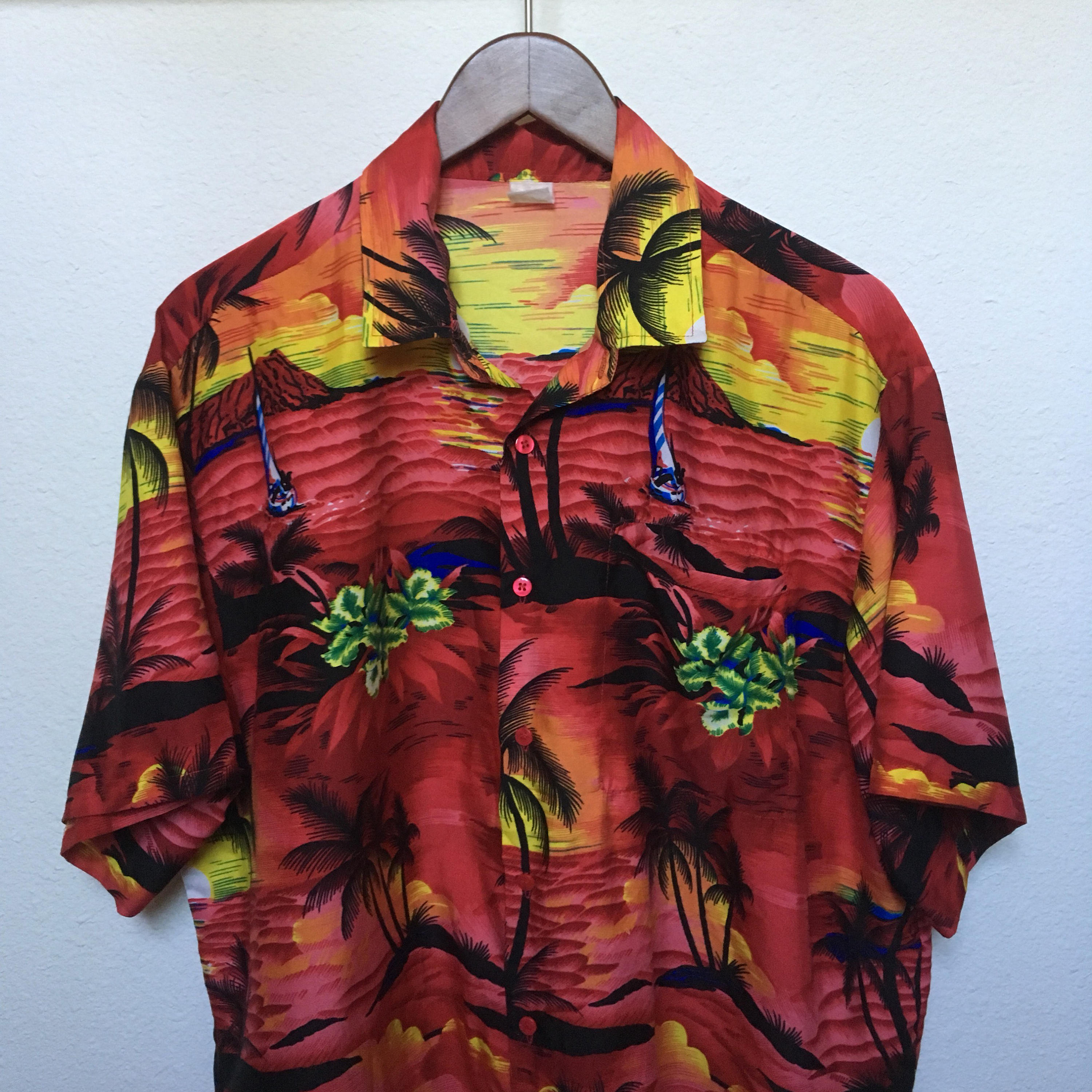 1980s vintage Hawaiian shirt red sunset 80s Aloha shirt palm | Etsy