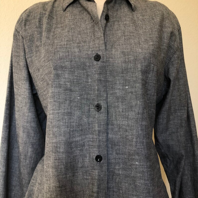Vintage GUESS blouse chambray long sleeve 80s 90s Georges Marciano 1990s top shoulder pads fitted size 4 M medium gift