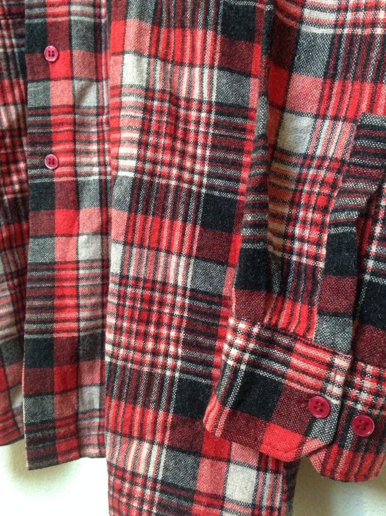 1950s red black plaid flannel shirt mens L long sleeve 50s red | Etsy