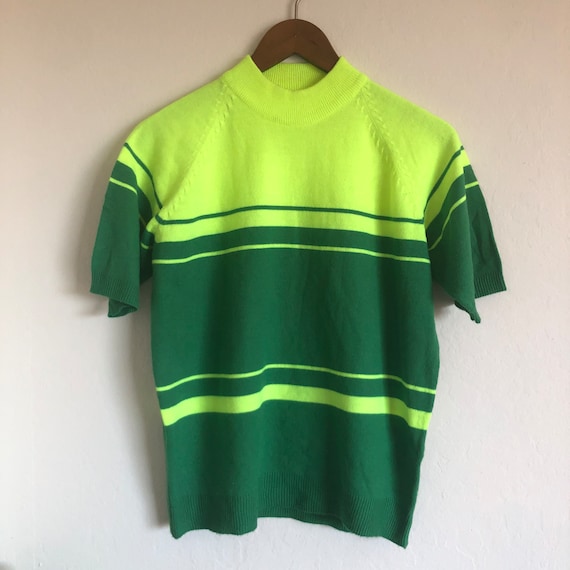 Vintage green mock neck striped sweater shirt 60s… - image 4