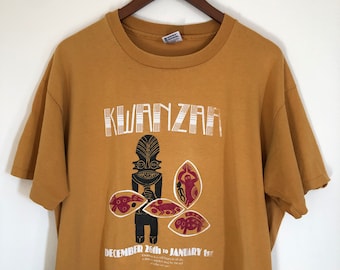 Vintage Kwanzaa T-shirt 90s single stitch graphic tee African tribal double graphic mustard gold black 1990s unisex XL men’s L 46” chest