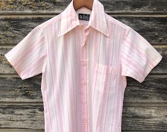 Vintage pink striped blouse 60s mod floral print baby pink bubblegum 1960s mod pinstriped striped Towncraft Prep boys size 34”