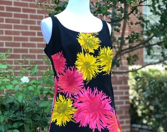 Vintage swimsuit one piece bathing suit M medium black neon hot pink fuchsia floral mustard yellow gold green 60s mod swimwear groovy 70s