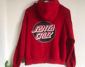 Vintage Santa Cruz Skateboards 80s red hooded sweatshirt double graphic red black logo hoodie 1980s skateboarding single stitch pullover L