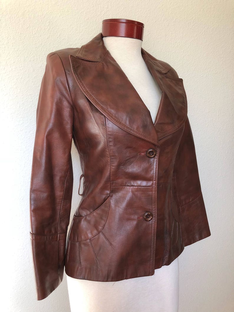 Vintage 70s Brown Leather Jacket Fitted Steampunk 1970s Gassy Jack Retro Funky Coat Rare Disco Erfly Collar Groovy S Small Gift