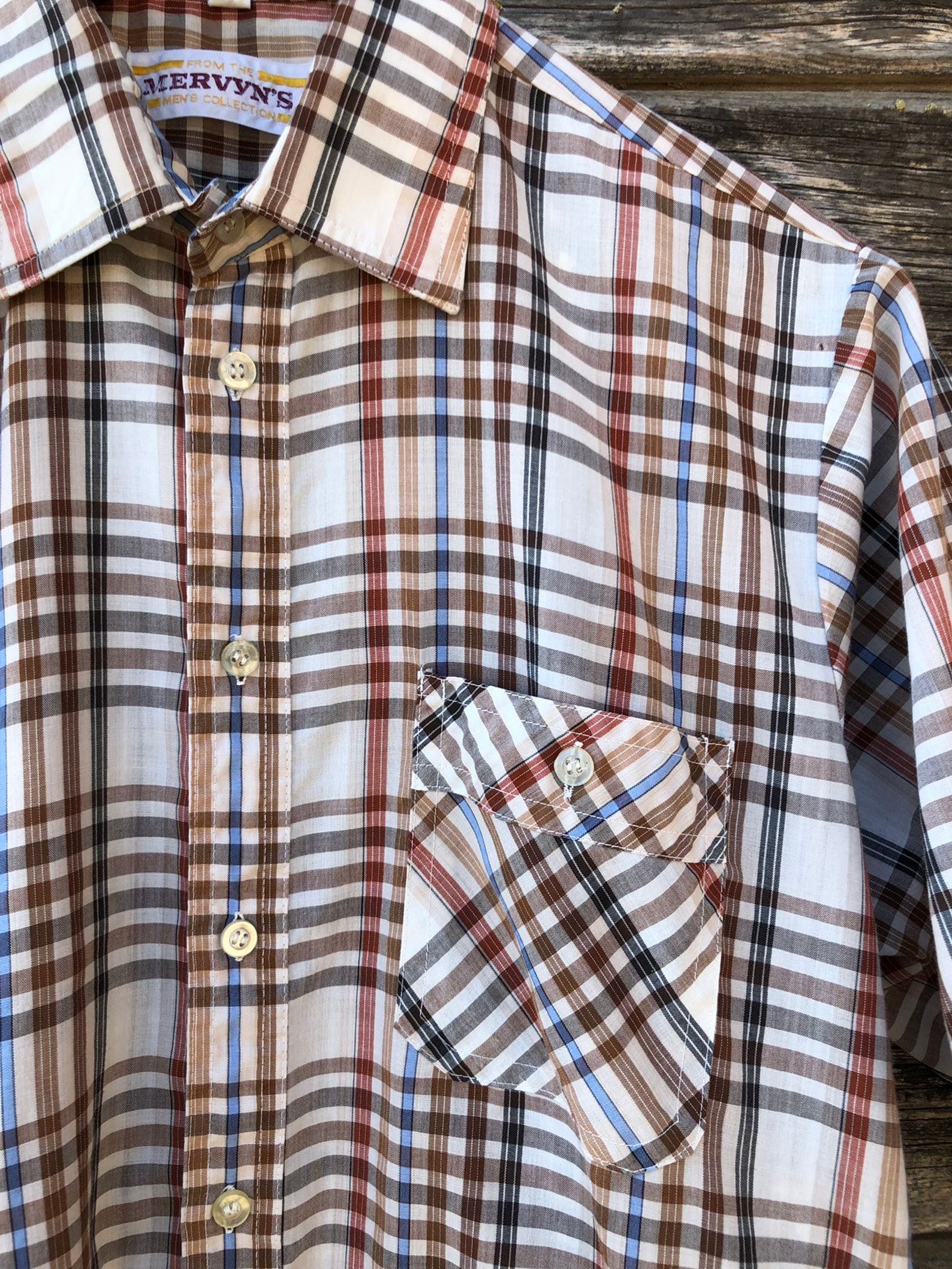 Vintage brown plaid shirt men M Mervyns gingham 70s rust tan | Etsy