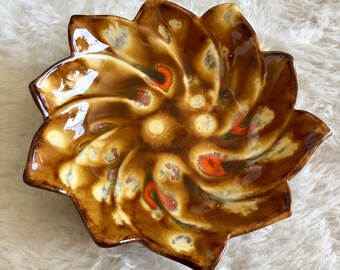 Vintage Mid-Century Modern drip glaze ceramic dish ashtray 60s mod atomic 1960s home decor orange mustard yellow brown art pottery MCM