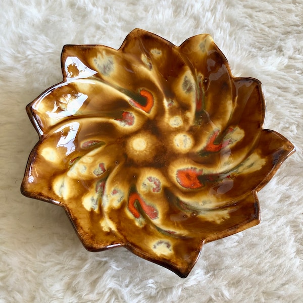 Vintage Mid-Century Modern drip glaze ceramic dish ashtray 60s mod atomic 1960s home decor orange mustard yellow brown art pottery MCM