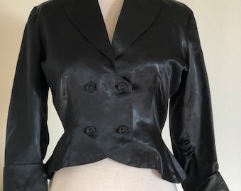 Vintage black peplum blouse, double breasted black satin peplum jacket cropped 50s pin-up 1950s, 60s mod 1960s collared top size S