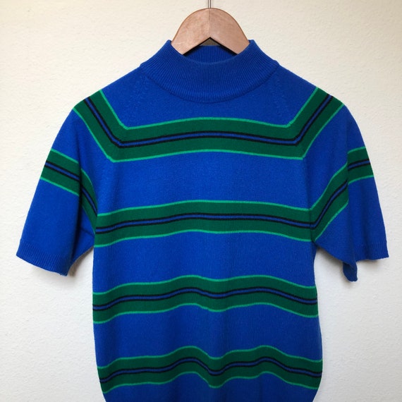 Vintage striped mock neck sweater blue green strip