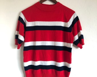 Vintage mod sweater striped acrylic knit shirt 60s rude boy skinbyrd 1960s red white blue wide stripe raglan tee rockabilly retro Bardoni