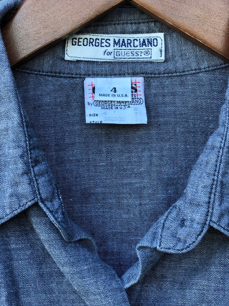 Vintage GUESS blouse chambray long sleeve 80s 90s Georges Marciano 1990s top shoulder pads fitted size 4 M medium gift