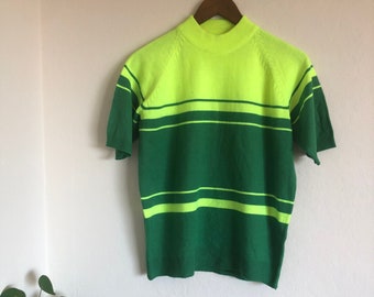 Vintage green mock neck striped sweater shirt 60s mod atomic 1960s groovy neon green lime fluorescent hippie 70s stripe shirt 1970s men’s M