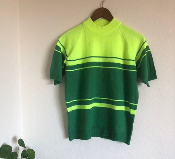 Vintage green mock neck striped sweater shirt 60s… - image 1