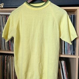 vintage Towncraft striped knit shirt mock neck green stripe yellow short sleeve sweater 60s mod atomic 1960s men’s S Penney’s acrylic tee