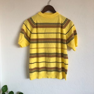 Vintage Towncraft striped sweater short sleeve 60s mod atomic 1960s knit shirt yellow brown striped mock neck Kurt Cobain unisex stripe tee
