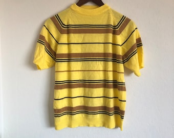 Vintage Towncraft striped sweater short sleeve 60s mod atomic 1960s knit shirt yellow brown striped mock neck Kurt Cobain unisex stripe tee