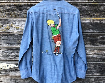 70s vintage chambray shirt custom painted golfer golfing shirt 1970s long sleeve unique rare custom one Jeans Joint Sears men S/M 38" gift