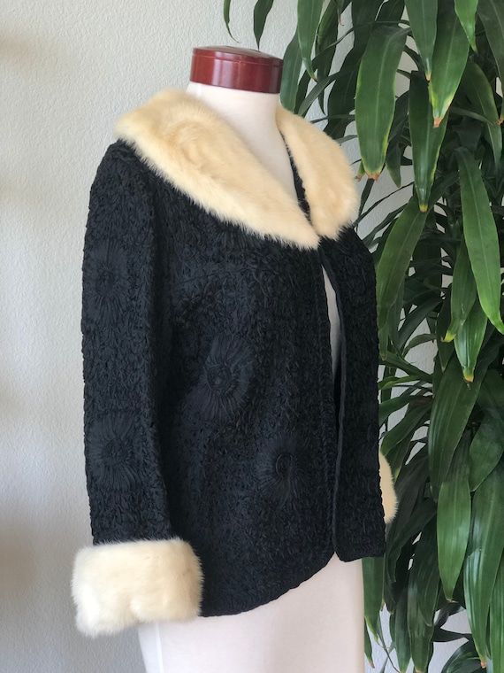 Vintage ribbon knit black coat mink fur collar blo