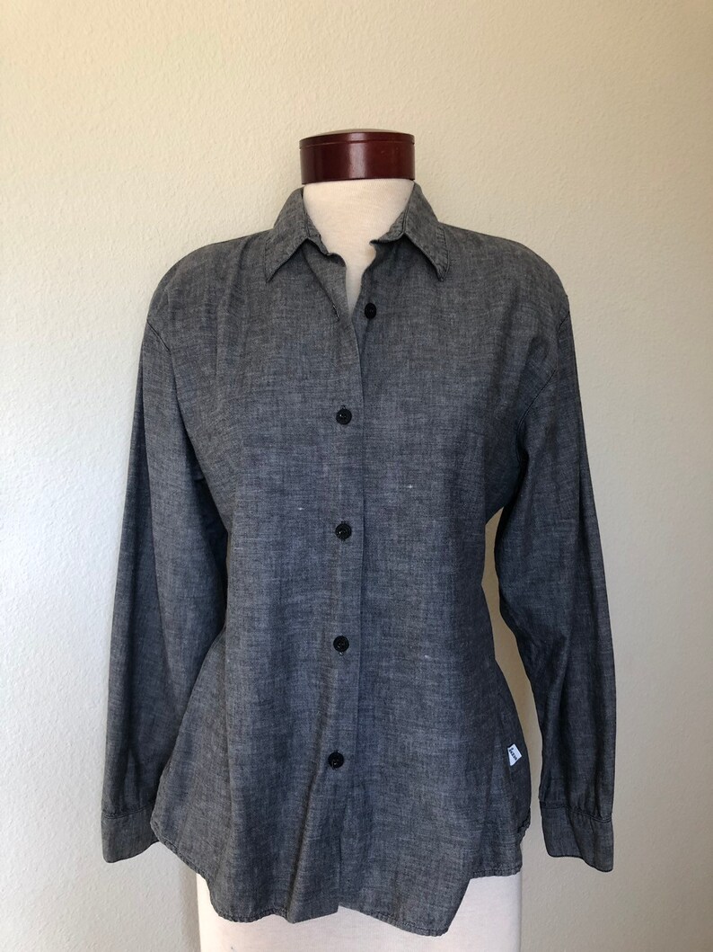 Vintage GUESS blouse chambray long sleeve 80s 90s Georges Marciano 1990s top shoulder pads fitted size 4 M medium gift