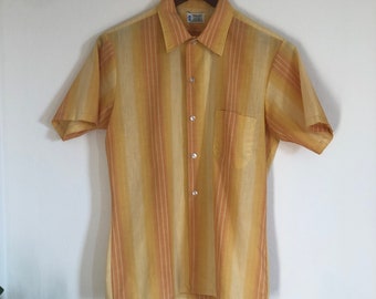 Vintage Towncraft shirt striped mustard yellow gold orange short sleeve button up, 60s mod atomic 1960s 50s rockabilly 1950s shadow stripe